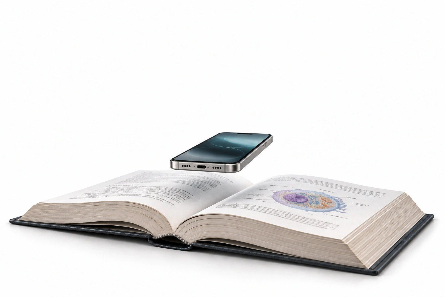 A phone hovering over an open cell biology textbook