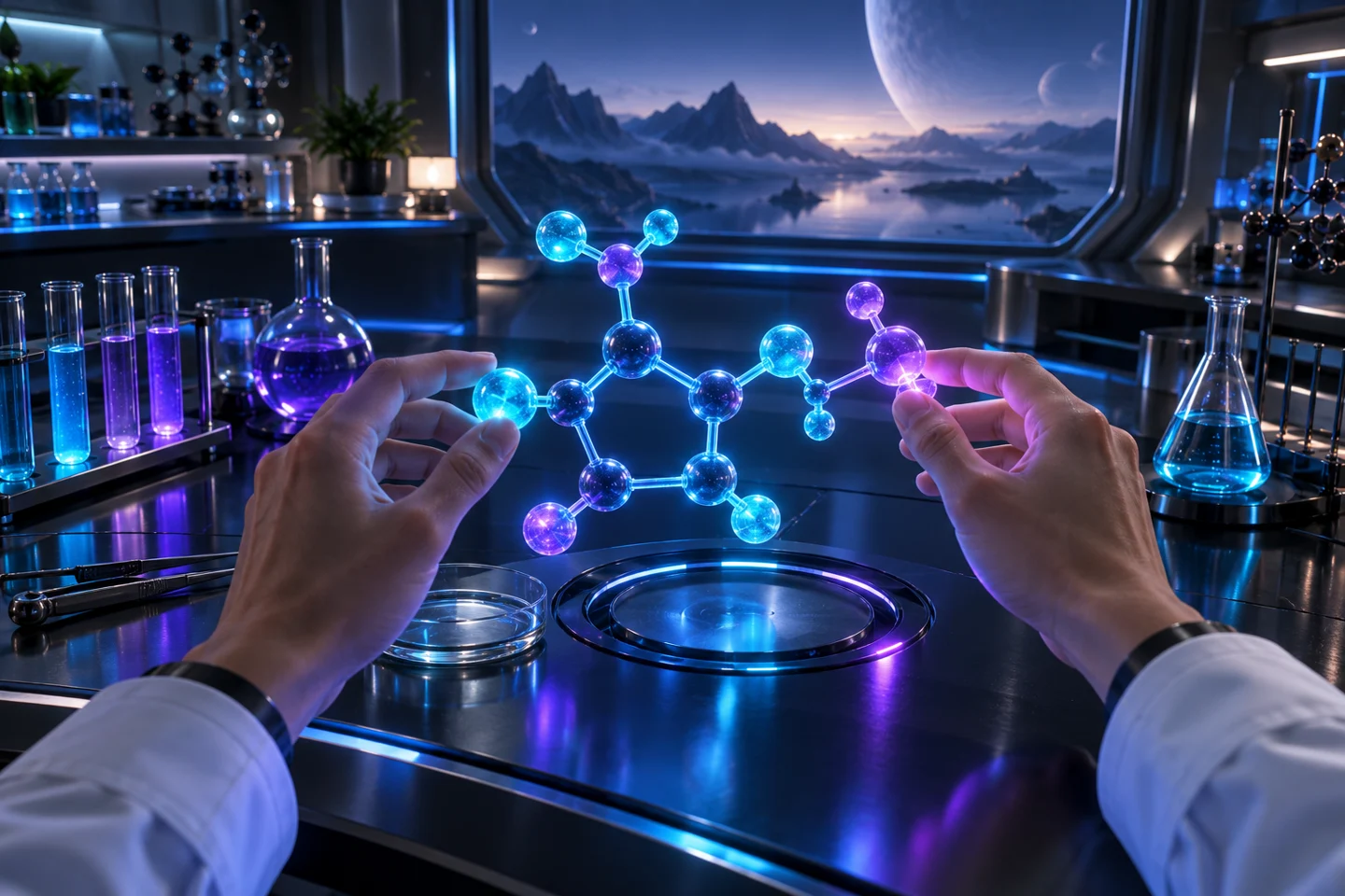 First-person virtual laboratory concept with hands exploring a glowing molecular model